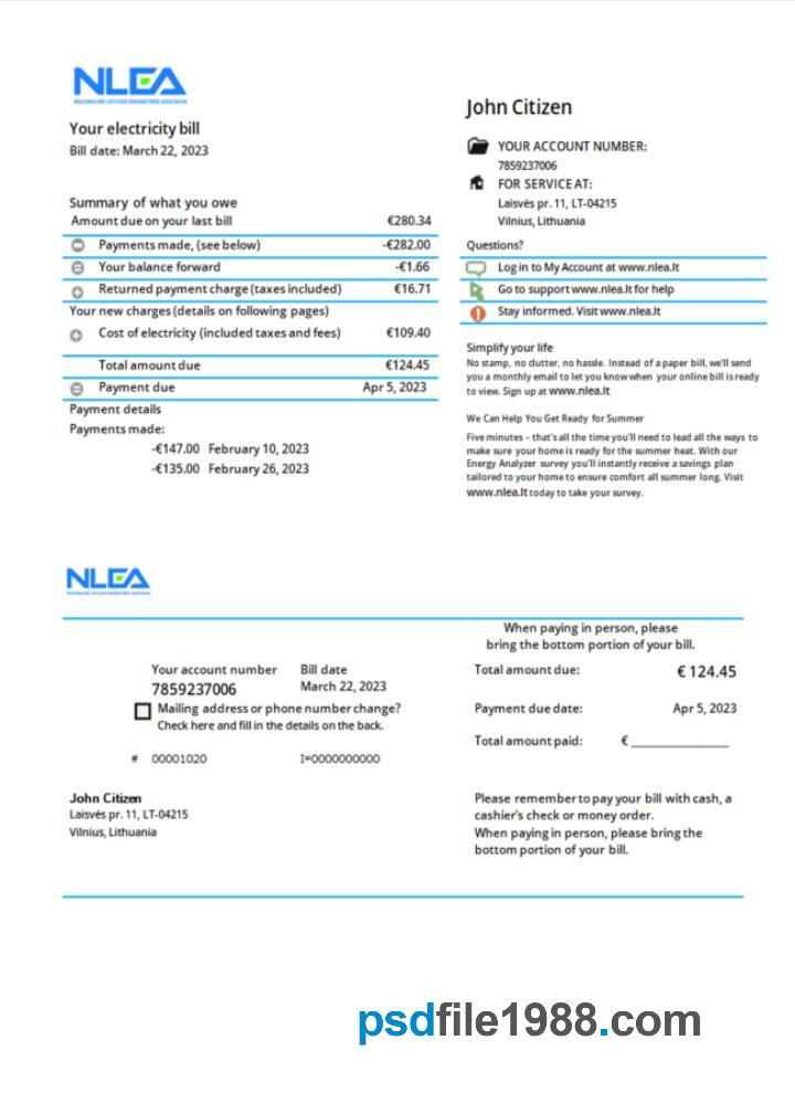 Lithuania National Lithuanian Energy Association Utility Bill